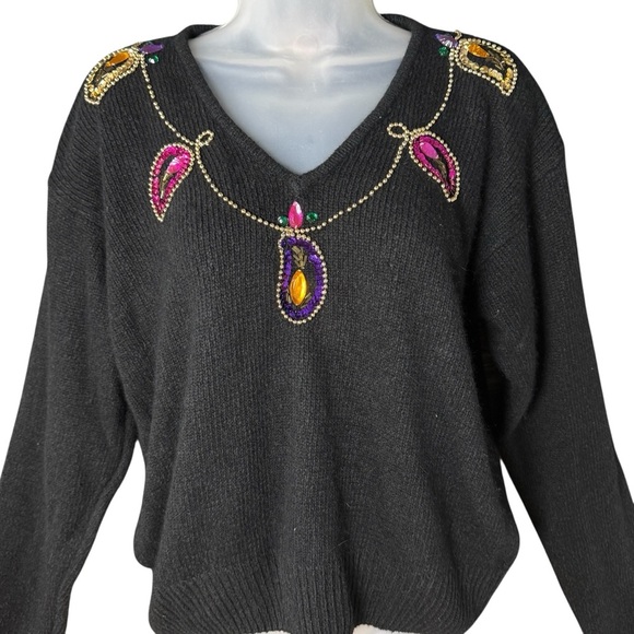 80s Bling Casino Grandma Sweater Black Beaded Jewel Button Silk Angora Medium - Picture 2 of 5
